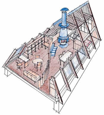 Общий вид мансарды с камином для отопления (гостиная, столовая, рабочий кабинет и т.&nbsp;д.)